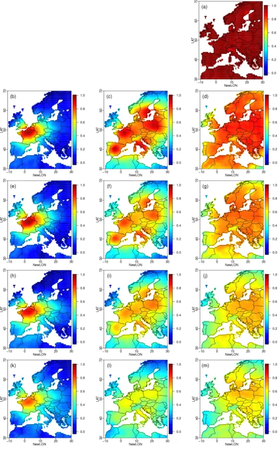 Figure 4. Maps of Spearman (rank) correlations calculated for each grid point in winter over 1979–2016 between the initial climate model temperature simulations and their corrections by (a) 1d-BC, (b) R.1.1.0, (c) R.5.1.0, (d) R.100.1.0, (e) R.1.2.0, (f) R