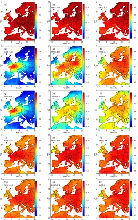 Figure 1. Maps of temperature autocorrelations of the order of 1 d for winter over the 1979–2016 period, for (a) WFDEI, (b) IPSL raw simulations, (c) 1d-BC (CDF-t), (d) R.1.1.0, (e) R.5.1.0, (f) R.100.1.0, (g) R.1.2.0, (h) R.5.2.0, (i) R.100.2.0, (j) R.1.1