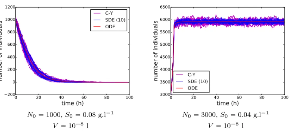 Figure 4. Time evolution of the number of individuals for the Haldane growth model for 20 independent runs of the Crump-Young model  (ma-genta lines), 20 independent runs of the SDE (10) (blue lines) and the ODE (red curve) for initial conditions N 0 “ 100