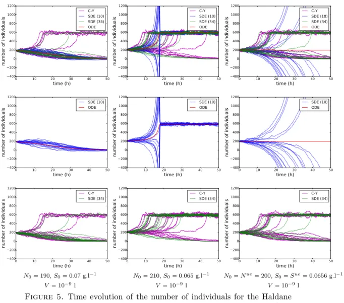Figure 5. Time evolution of the number of individuals for the Haldane growth model for 20 independent runs of the Crump-Young model  (ma-genta lines), 20 independent runs of the SDE (34) (green lines), 20  inde-pendent runs of the SDE (10) (blue lines) and
