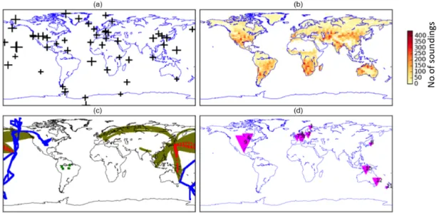 Figure 1. Measurements used in this study. (a) The crosses indicate the locations of NOAA surface sampling sites