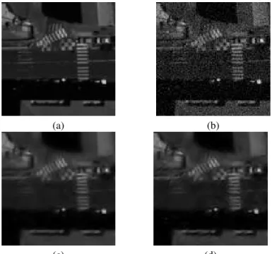 Fig. 2. Comparison of the two different priors on a denois- denois-ing problem. (a) Original image c CNES, (b) distorted  im-age (Gaussian noise, P SN R = 22.65 dB), (c) result with the regularizing prior (P SN R = 28.40 dB), and finally (d) result with th