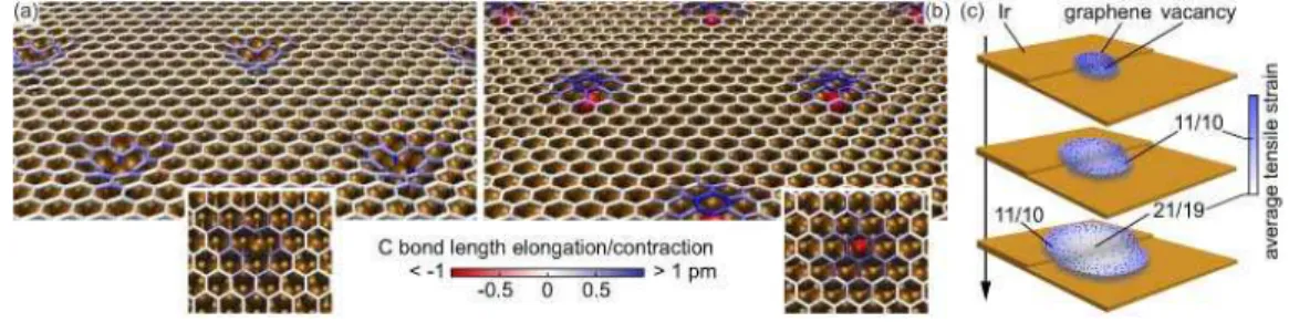 FIG. 3. (Color online) Structure of graphene on Ir(111) in the presence of (a) single vacancies and (b) intercalated Ar atoms