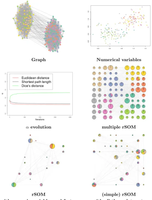 Figure 10: Summary of the experiment: the original graph and the original distri- distri-bution of the numerical variables is given at the top of the figure; multiple rSOM results (second row) with the evolution of the α and the resulting map (disks have a