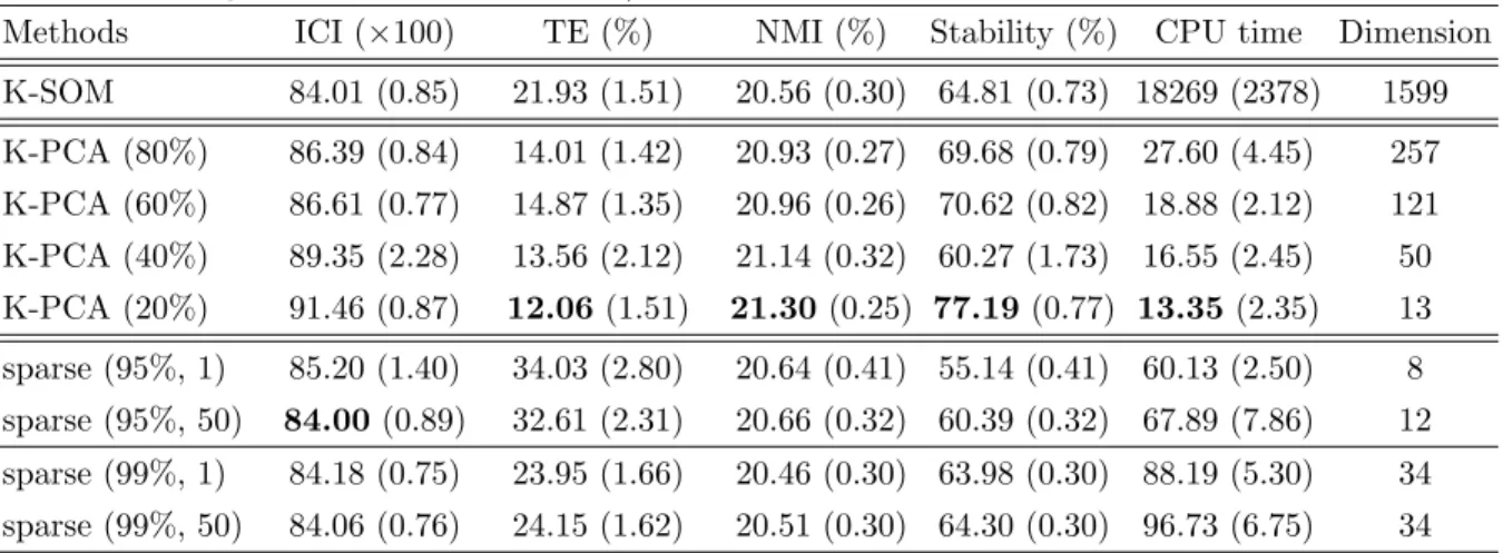 Table 3: Performance results of K-PCA SOM and sparse K-SOM (average over 100 maps and standard deviation between parenthesis) for the “polblogs” dataset