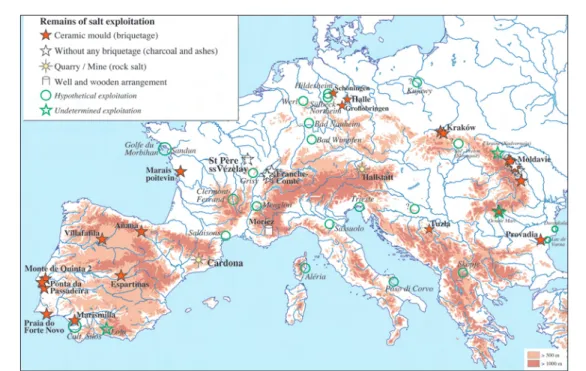 Fig. 8. An European assessment for the Neolithic and Chalcolithic periods (6000–2300 BC): the various archaeological evidences for salt production (drawing O