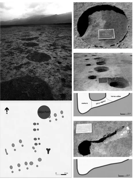 Fig. 6. Pits for leaching salty soils, with watertight facing, simple, double or multiple from the Pre-Hispanic salt production centre on the edge of the Sayula basin (Jalisco, Mexico) (photos O