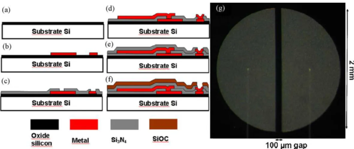 Fig. 3. (a–f) Process flow; (g) coplanar electrode configuration used for experiment. The vertical lines represent the connection lines.