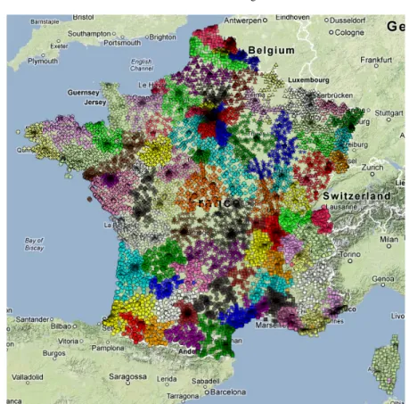 Fig. 2: Projection of the clusters of source antennas on a map of France. There is one color and shape per cluster.