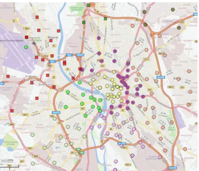 Fig. 3: Projection of the clusters of source antennas on a map of Toulouse, there is one shape and color per cluster.