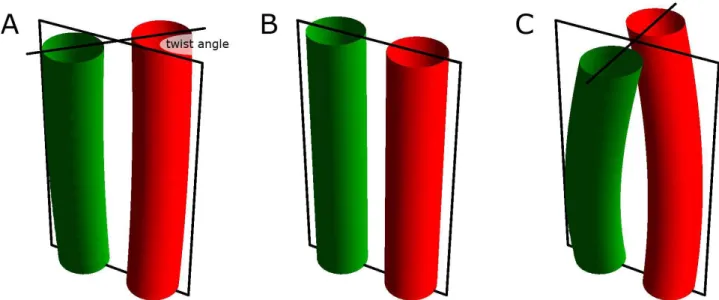 Figure S3. Definition of the twist angle in the inter-HAMP region. (A) Twist is defined as the angle  between projections of the lines that connect the alpha-helices’ starts and ends, on the plane 