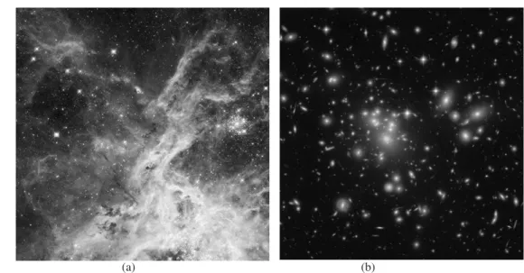 Fig. 8. Images used in CDL benchmark: a) a panoramic view of a turbulent star-making region; b) an ACS/WFC image of Abell 1689.