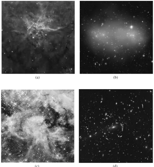 Fig. 9. Hubble images used for noiseless dictionary learning: a) Pandora’s Cluster Abell; b) a galaxy cluster; c) a region in the Large Magellanic Cloud; and d) is an additional image of Pandora’s Cluster Abell.