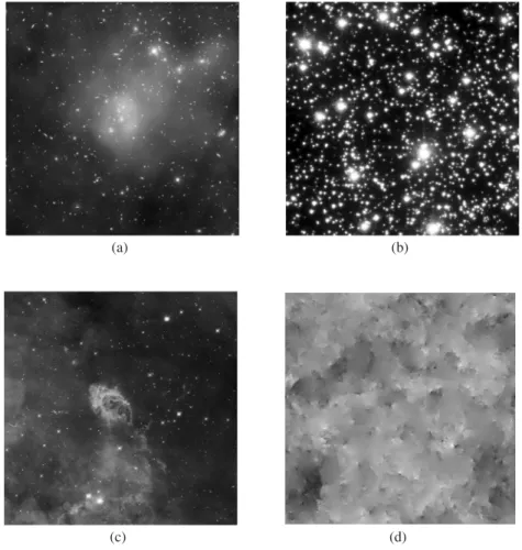 Fig. 1. Hubble images used for numerical experiments: a) Pandora’s galaxy cluster Abell 2744; b) an ACS image of 47 Tucanae; c) an image of WFC3 UVIS full field; and d) a cosmic strings simulation.