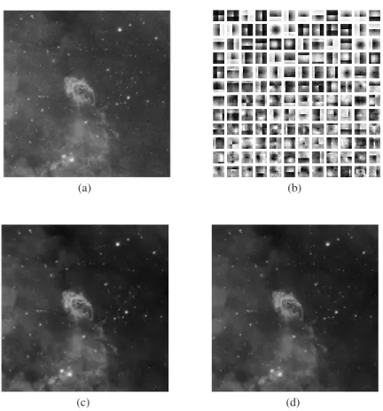 Fig. 4. Results of denoising with nebula image: a) the image used both for learning a noisy dictionary and denoising, with a S/N P of 26.67 dB;