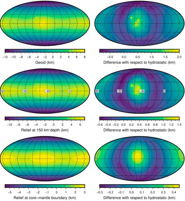 Figure 2. The geoid of Mars, hydrostatic relief along an interface at 150-km depth, and hydrostatic relief of the core-mantle boundary