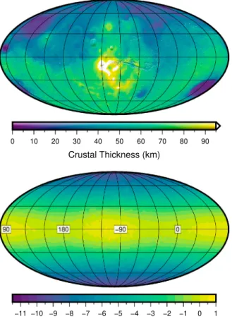 Figure 3. Crustal thickness of Mars. (top) Total crustal thickness, accounting for the gravitational attraction of hydrostatic interfaces beneath the lithosphere