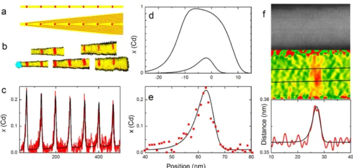 FIG. 1. Sample I: (a) scheme of the structure of the NW without (top) and with (bottom) radial growth; (b) EDX map along one NW, showing the area where O (black), Au (cyan), Cd (red) and Zn (yellow) exceed an arbitrary concentration; (c) EDX axial proﬁle o