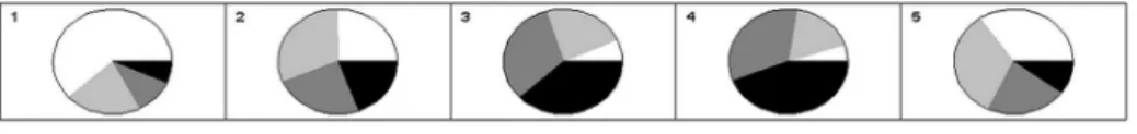 Fig. 6. Distribution of the 4 income levels over the 5 classes of C2, 4 quartiles from white (low) to black (high).