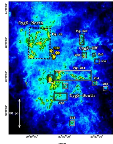 Fig. 1. Extinction map of the Cygnus X complex derived by Bontemps et al. (in prep.) from the stellar reddening of  back-ground stars in JHK, using the 2MASS database and a pixel size of 1.3 ′ 