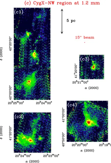 Fig. 2. (continued) c The CygX-NW region: maximum flux is ∼ 800 mJy beam −1 (color scale is saturated beyond 500 mJy beam −1 ) and rms noise levels are 9 − 16 mJy beam −1 in c1, ∼ 13 mJy beam −1 in c2, ∼ 18 mJy beam −1 in c3, and