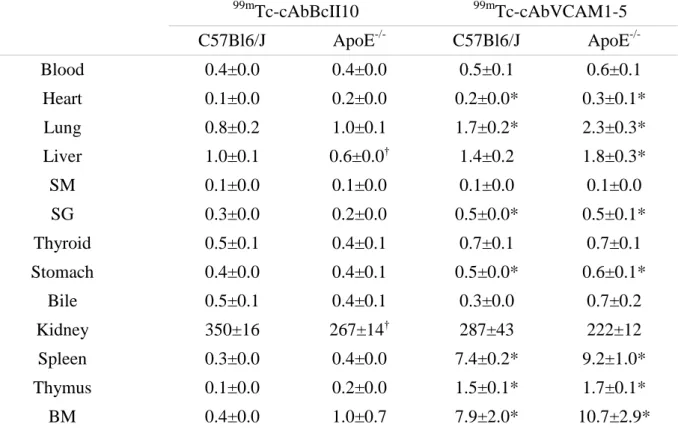 Table 2.   99m Tc-cAbBcII10  99m Tc-cAbVCAM1-5  C57Bl6/J  ApoE -/-  C57Bl6/J  ApoE -/-  Blood  0.4±0.0  0.4±0.0  0.5±0.1  0.6±0.1  Heart  0.1±0.0  0.2±0.0  0.2±0.0*  0.3±0.1*  Lung  0.8±0.2  1.0±0.1  1.7±0.2*  2.3±0.3*  Liver  1.0±0.1  0.6±0.0 † 1.4±0.2  1