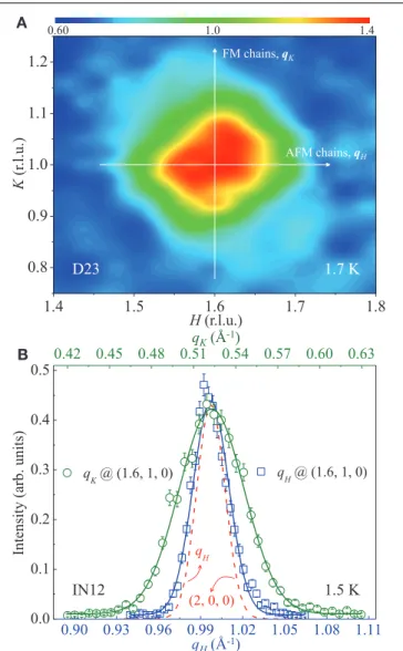 FIGURE 4 | Temperature-dependent ordering parameter of the AFM transition. Temperature dependent H-scans around the AFM (1.6, 1, 0) Bragg peak (left ordinate) performed at D23 (ILL) and the corresponding integrated intensities (circles) (right ordinate)
