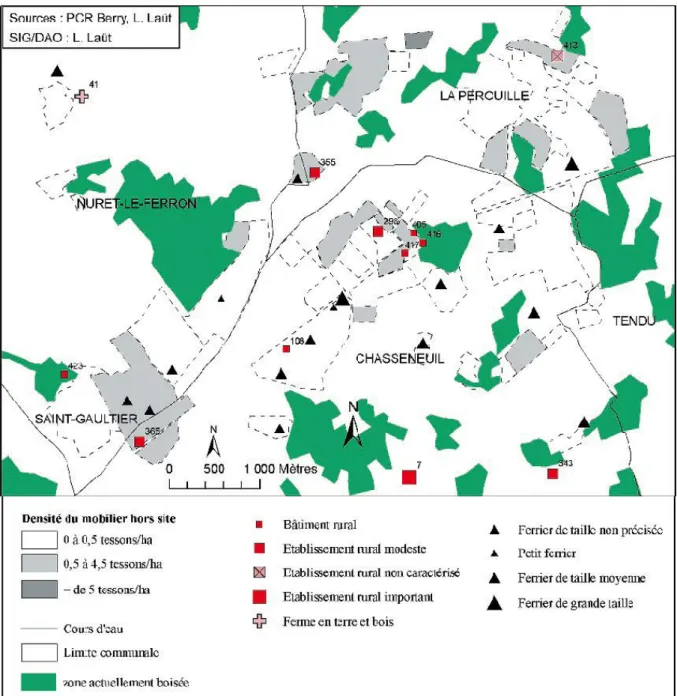 Fig. 2 : Carte de la zone-test de prospection n° 1, au nord d’Argentomagus. 