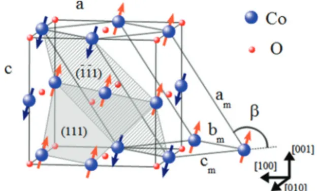FIG. 1. (Color online) CoO rocksalt (a, c) and monoclinic (a m , b m , c m , β) unit cell parameters and low-temperature AFM spin structure (Ref