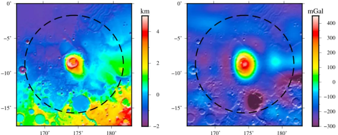 Figure 5. Topography and free-air gravity at Apollinaris Mons, both referenced to the average radius of the analysis region (3,387 km)