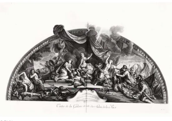 Fig. 2. Jean Audran, La Hollande acceptant la Paix et se détachant de l’Allemagne, d’après Charles Le Brun, dessiné par Jean-Baptiste Massé, 1753, n°33, 39,5 x 79 cm, BNF, Estampes.
