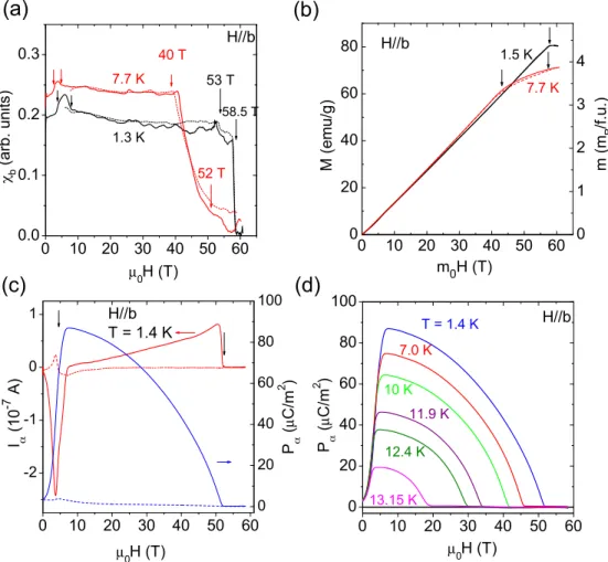 FIG. 6. H ||b case: (a) Magnetic susceptibility, χ b , in pulsed magnetic field along the b axis