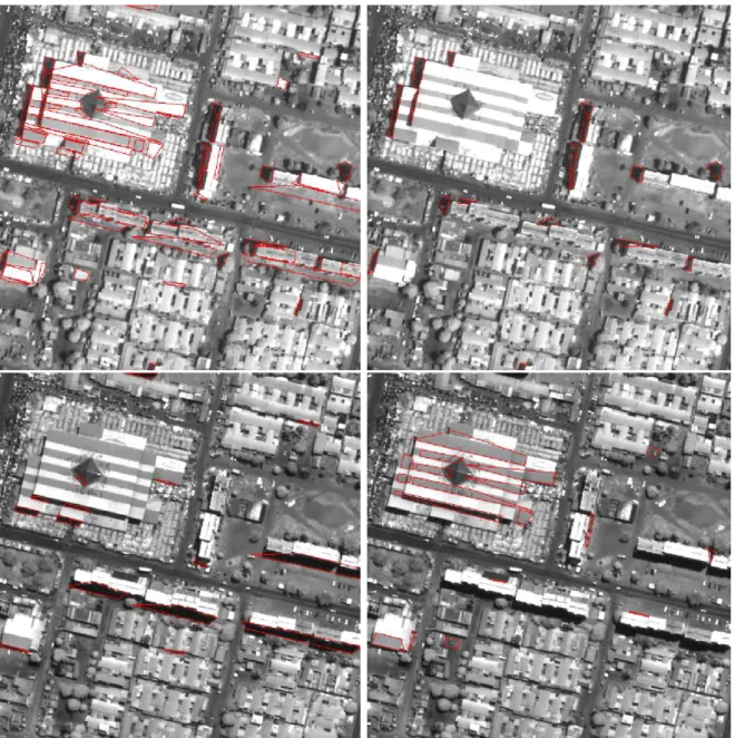 Figure 9: Classification of the polygons obtained. Top left: All detected polygons, Top Right: Shadows having appeared in the second Image, Bottom Left: Shadows having disappeared from the first image, Bottom Right: