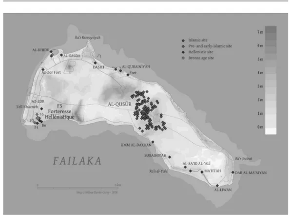 Fig. 2: Map of Faïlaka Island, with localization of the archaeological sites. Al Qusur in the  center, the Hellenistic fortress on the south-west beach.