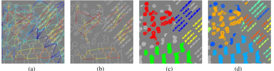 Figure 4: L-SBC example on the red subset of the image in Fig. 3(a): the graph with strongest links in hot colors (4(a)), the effect of link thresholding with ψ L = 0.1 (4(b)), the four most significant clusters retrieved (4(c)) and the most significant cl