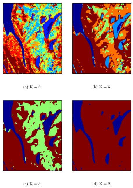 Fig. 3. Classification maps of TSX1 image obtained with unsupervised ATML-CEM method for different numbers of classes K = {2,3,5,8}.