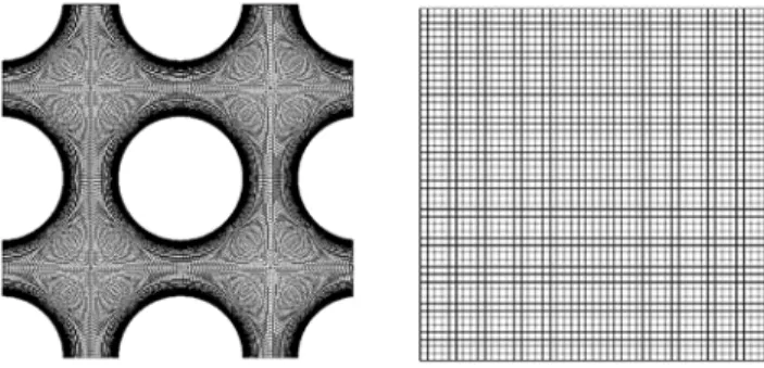 Fig. 2. Examples of grids for moving (left) and reference (right) domains to be introduced in order to account for time dependency of fluid–solid interface in a configuration involving a periodic cylinder arrangement with a moving central cylinder.