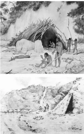 Fig. 2. Habitats du Paléolithique inférieur. 1. Reconstitution du campement de Terra Amata, Nice (Alpes-Maritimes)