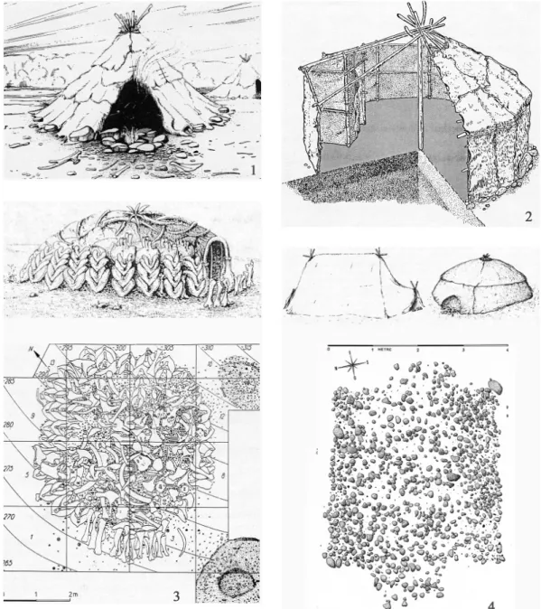 Fig. 4. Habitats du Paléolithique supérieur. 1. Reconstitution d’un campement magdalénien du Bassin parisien