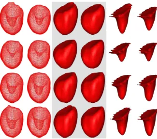 Fig. 9. LV chamber estimation: meshes (computed using Marching Cubes algorithm) of the myocardium segmentation (left), membrane with Gouraud shading (center), and chamber estimation with Gouraud shading (right).