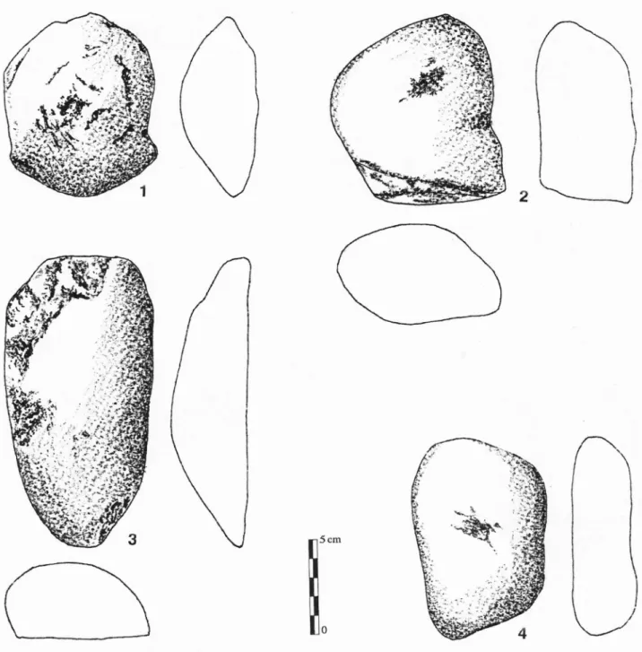 Fig.  6  -  Enclumes.  1 et 2,  phonolite,  1,l7ll4;2,19121;3,  leucogranite,  K6l8:'4,  orthophyre,  N7/44  (dessins  D