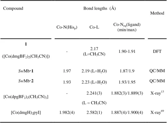 Table 2. First neighboring atom bond lengths from simulations (docking data for SwMb1 and  SwMb2 and DFT calculations with the B3LYP functional and the TZVP basis in an implicit  solvent model of acetonitrile for [Co(dmgBF 2 ) 2 (CH 3 CN)]) and experimen