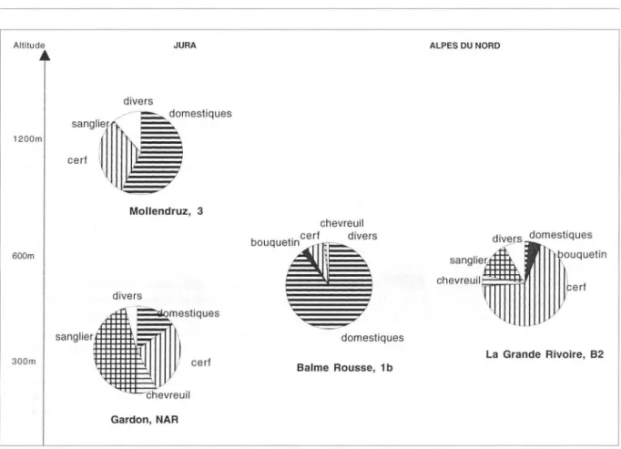 Figure 4. - Spectres  faun iques  du  Néolithique  ancien  dans  le  Jura  et  les Alpes  du  Nord  (en  pourcentages  de  restes  déterminés)