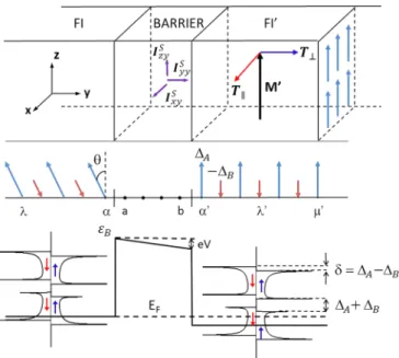 FIG. 1. (Color online) Schemes adapted from Ref. [3] for the specific case of FI leads