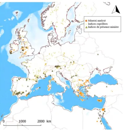 Fig. 9 : Comparaison entre la localisation des minerais analysés et ceux répertoriés dans la base Oxalid