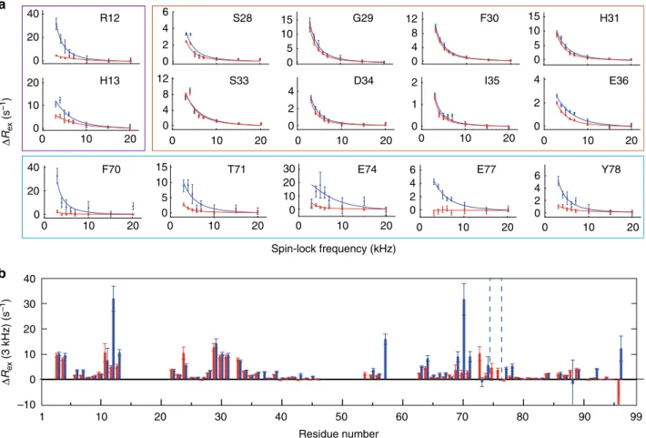 Fig. 3 Conformational exchange of β 2m probed by relaxation dispersion experiments. Selected examples of 15 N R 1ρ relaxation dispersion curves for wt (red) and D76N (blue) β 2m