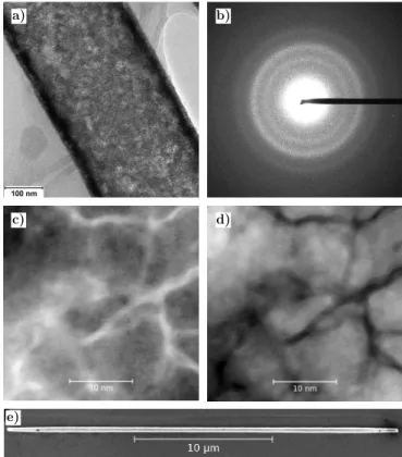 Fig. 1. Structure of electroless-deposited CoNiB na- na-notubes. a) Transmission electron microscopy image of a nanocrystalline CoNiB tube and b) corresponding selected area (240 nm in diameter) electron diffraction pattern  show-ing diffusive rshow-ings o