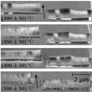 Fig. 5. Changing the magnetic anisotropy upon grad- grad-ual annealing of the tubes. XMCD-PEEM images (same contrast range [-13%..13%]) of the same tubes after annealing at increasing temperature