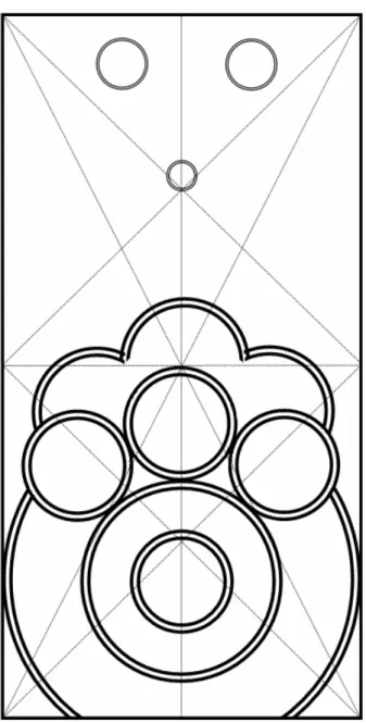 Fig. 2. Structure de construction de l’image (les traits pleins correspondent  à  des  tracés  présents  sur  l’image ;  les  pointillés  fins  sont  des  lignes  de  construction  (diagonales  et  médianes)  que  j’introduis  ici  et  qui  montrent  bien 