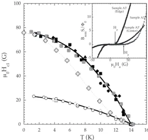 FIG. 5. Temperature dependence of the lower critical field 共H c1 兲 deduced from Hall probe measurements for H 储 ab 共open symbols兲 and H 储 c 共closed symbols兲 in sample A1 共squares兲, A2 共circles兲, A3 共lozenges兲, and A3 ⬙ 共triangles兲, see Table I for sample d